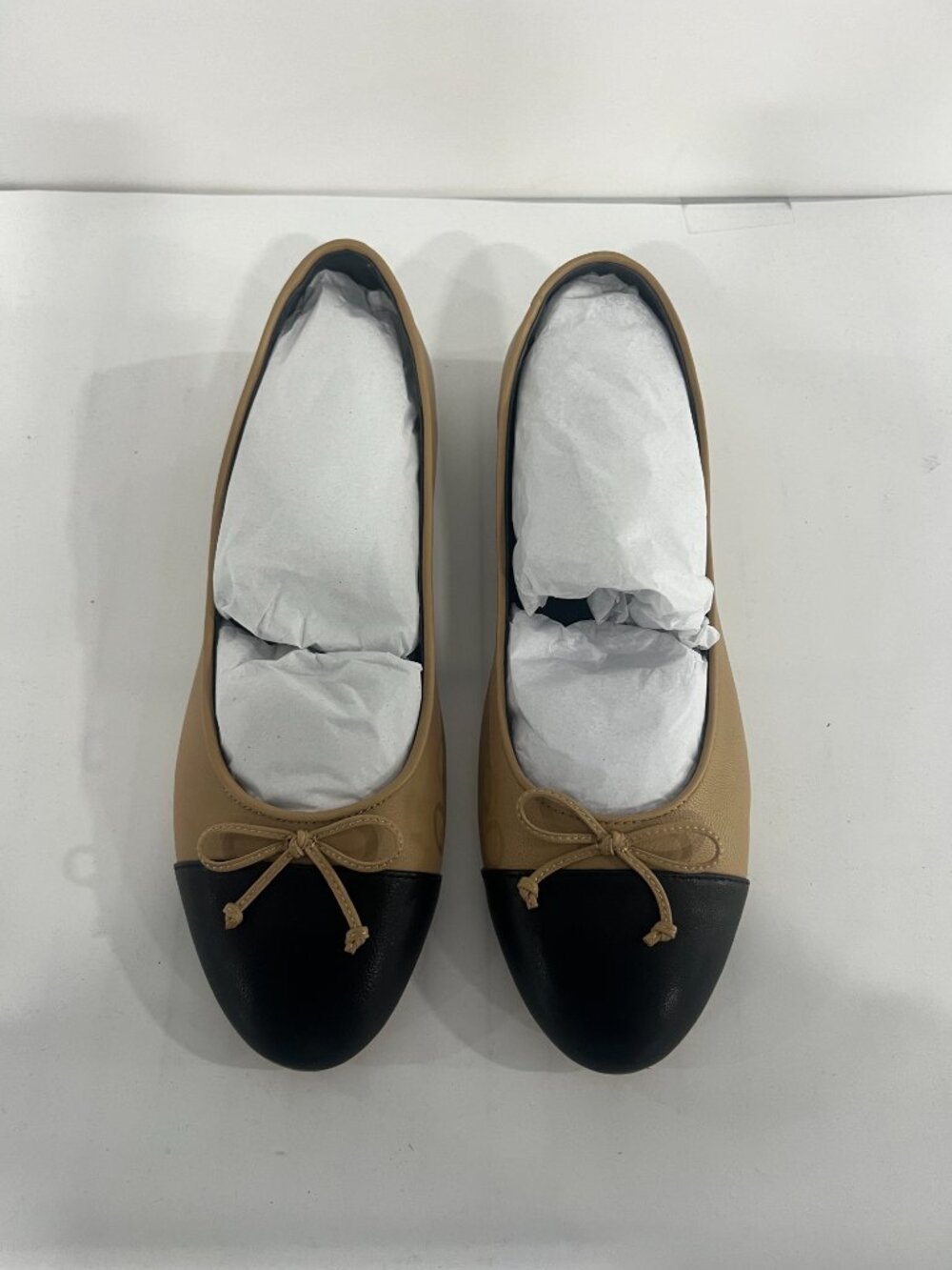 Italian Leather Cap-Toe Ballet Flat - Bone/Black